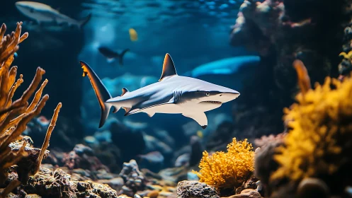 Graceful reef shark glides through vivid coral habitat.