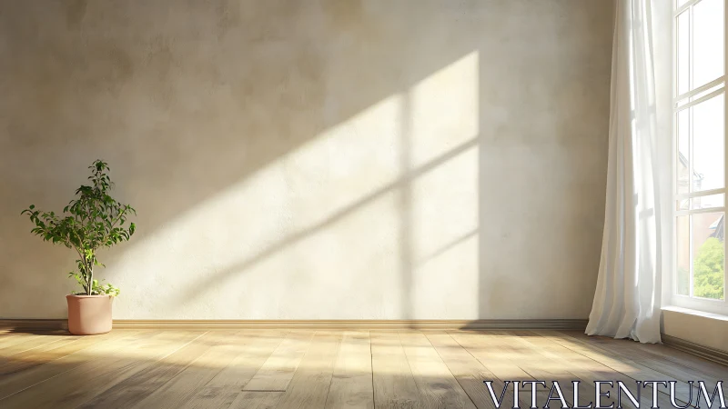 Sunlit minimalist room highlights plant and warm textures.