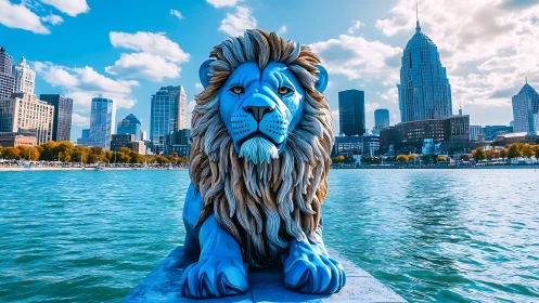 Cerulean river lion claims the city skyline as its throne