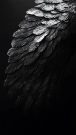 Detailed black feathered wing rendered on dark background