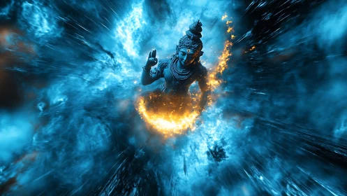 Deity statue amid blue energy field and orange flames.