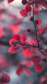 Scarlet leaves glow softly against a dreamy, muted backdrop
