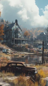 Derelict riverside houses and rusted car in autumn light.