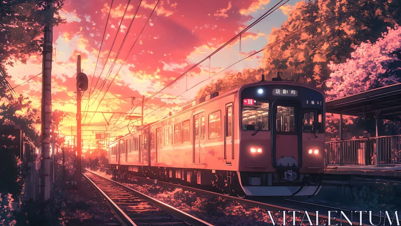 Orange commuter train moves through sunset-lit rural station