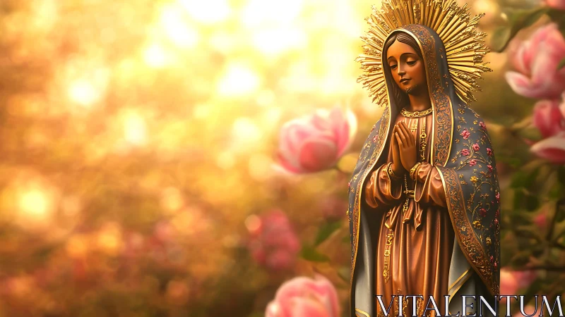 Religious statue with halo in floral outdoor setting.