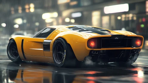 Neon rain crowns a yellow Ford GT poised for midnight sprint