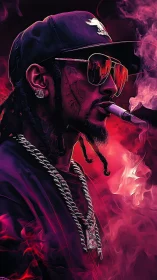 Neon smoke crowns a streetwise silhouette in molten magenta haze