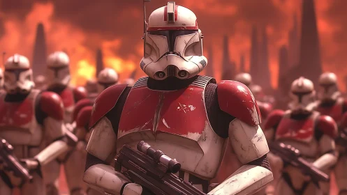 Armored clone troopers advance under burning red sky.