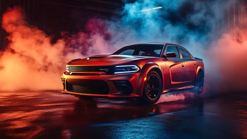 Orange muscle sedan stands in colored smoke on wet floor