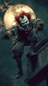 Sinister clown leaping before full moon, cinematic horror scene.
