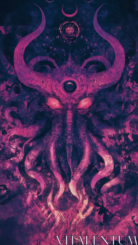 Eldritch horned leviathan in luminous magenta void.