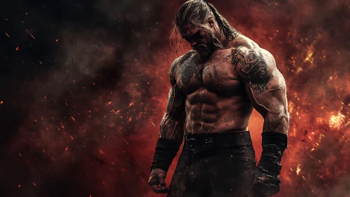 Battle-scarred warrior stands amid burning embers storm.