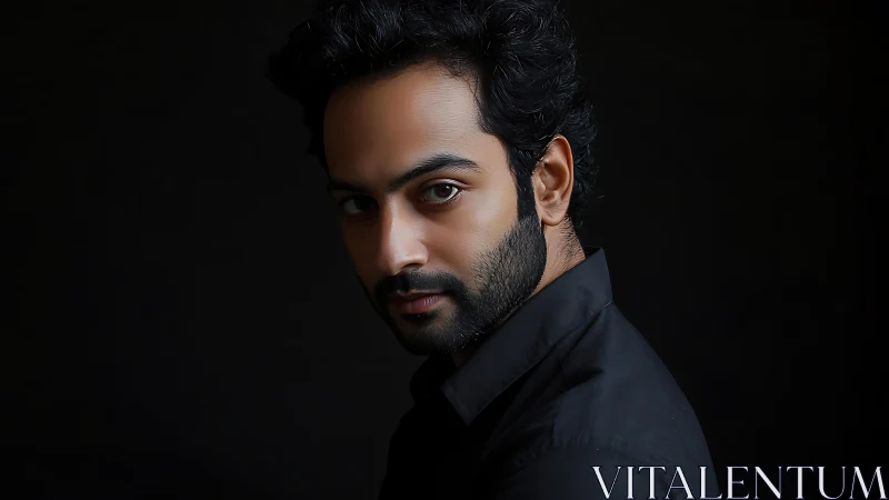 Serious bearded man in black shirt against dark studio backdrop.