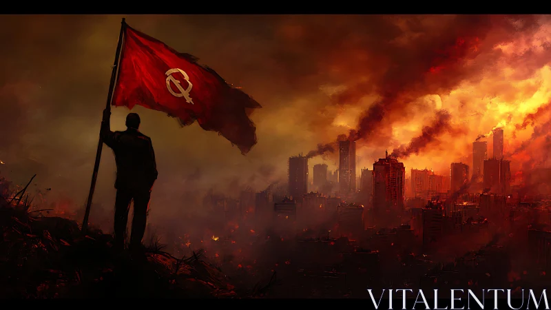 Lone figure claims burning city beneath crimson banner.