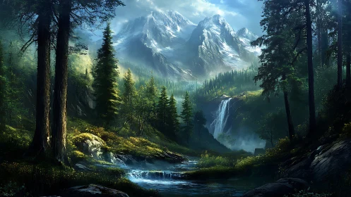 Alpine Valley Waterfalls: Snow-Capped Peaks Through Temperate Forest