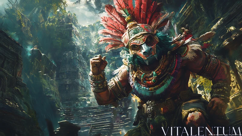 Jungle warlord in feathered mask guards ancient ruin.