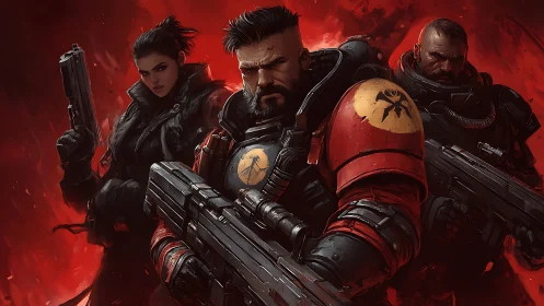 Armored squad advancing through crimson war fogscape.