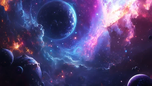 Colorful cosmic nebula surrounding multiple alien worlds.
