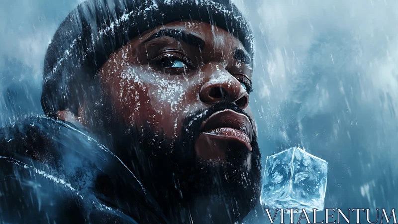 Male figure in icy storm with suspended ice cube.