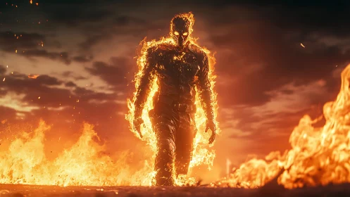 Flaming humanoid figure walks through fire against dusk sky