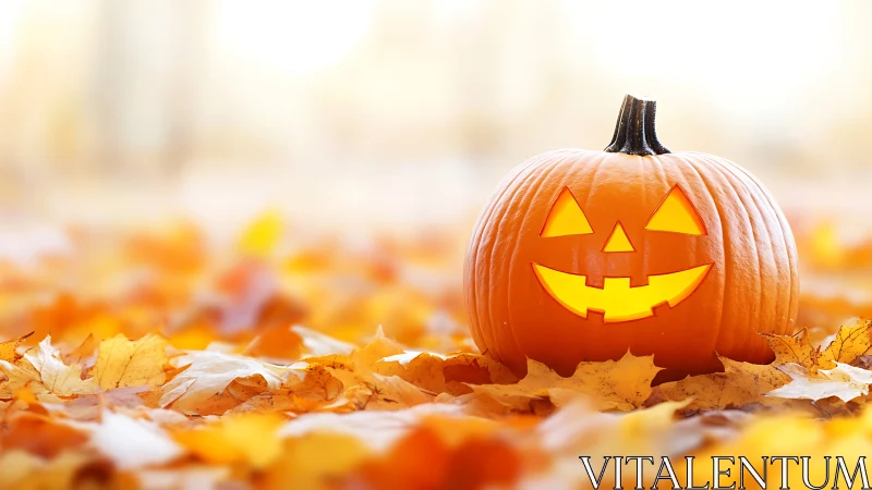 Backlit carved jack o’lantern glows amid shallow depth autumn leaves