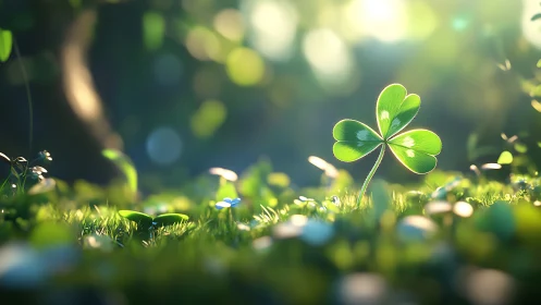 Single clover stands in shallow depth of field forest light