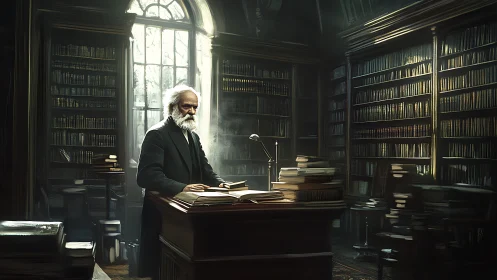 Elderly scholar standing at desk in dim historic library.