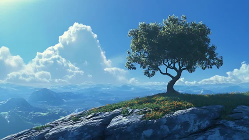 Lone hilltop tree basking above a sea of drifting clouds.