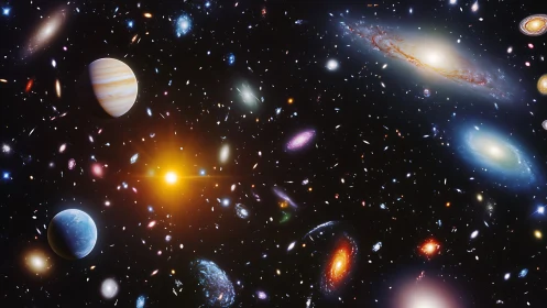 Countless glowing galaxies welcome calm wandering planets