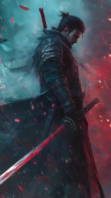 Stormlit samurai warrior amid teal and crimson embers.