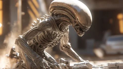 Sleek alien creature prowls a dusty futuristic city street