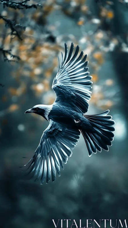 Dark Raven in Flight Over Blurred Blue Background