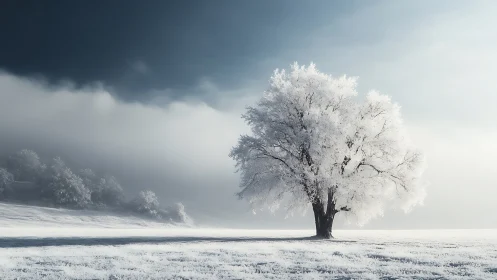 Solitary frost covered tree on open snow field under sky.