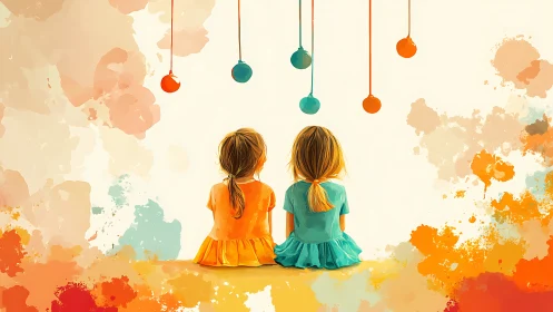 Two Children in Contemplative Pose With Suspended Ornaments