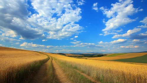 Golden wheat fields curve under deep blue summer sky.