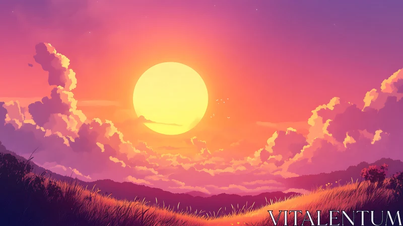 Sun-drenched dreamscape over glowing violet hills at dusk.