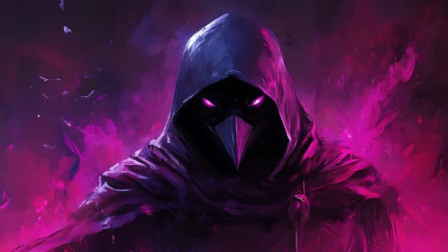 Hooded raven-masked figure emerges through neon magenta haze.