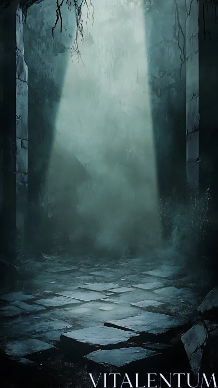 Mistlit stone corridor where forgotten legends exhale silence.