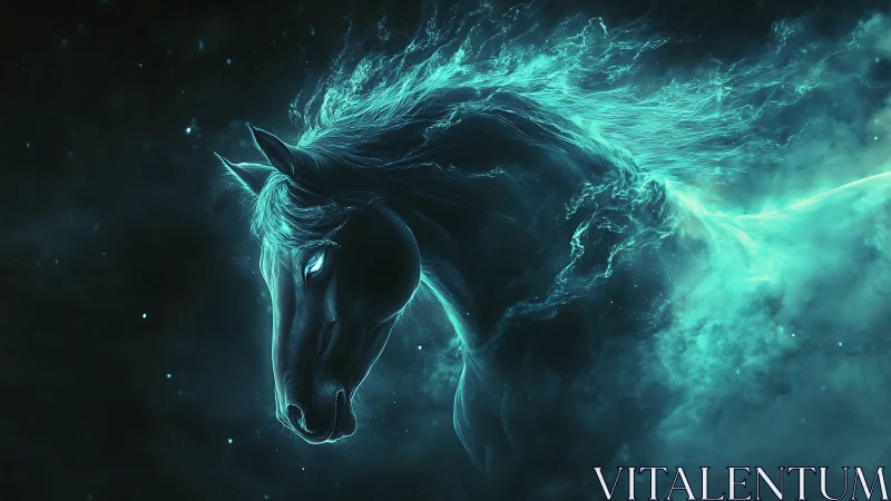 Ethereal teal spirit horse emerges from cosmic nebula.