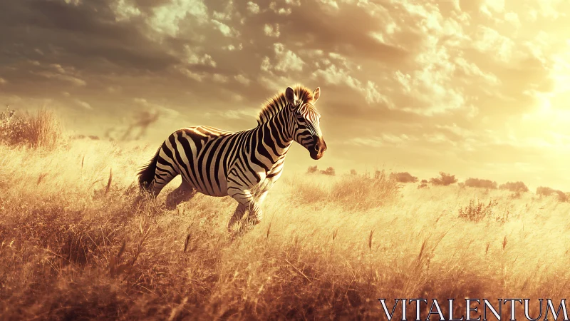 Striped wanderer gallops through a sun-drenched savanna dream