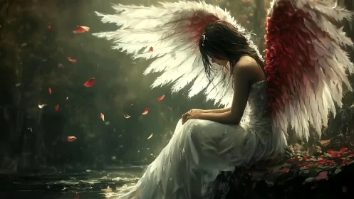 Melancholic angel rests by a forest pool amid drifting petals
