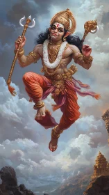 Mythic monkey deity warrior leaping across cloudy sky.