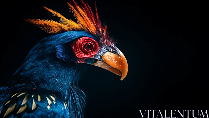 Striking portrait of exotic blue bird with vivid orange crest feathers.