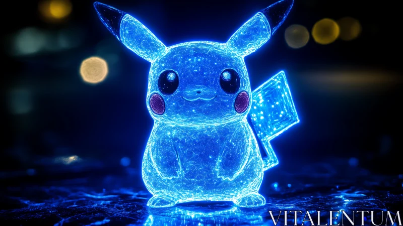 Neon blue holographic electric mascot on dark street scene.