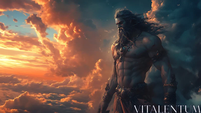Storm-forged sky deity framed by bifurcated sunset cloudscape