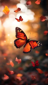 Orange butterfly in shallow focus autumn foliage scene.