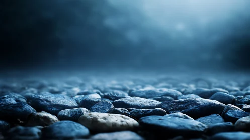 Moody river stones in blue mist with shallow focus.