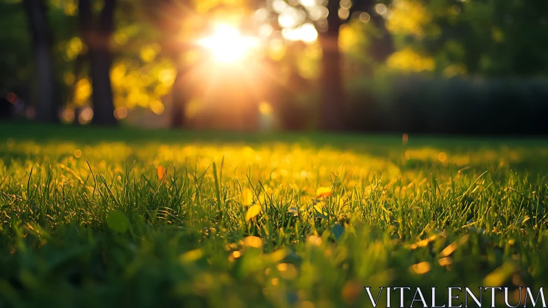 Sunlit Grass at Sunrise in a Lush Park, Soft Focus Photography.