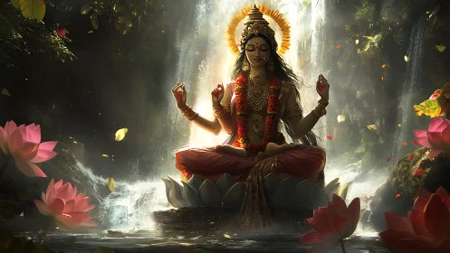 Hydrodynamic lotus meditation with radiant multi-armed deity.