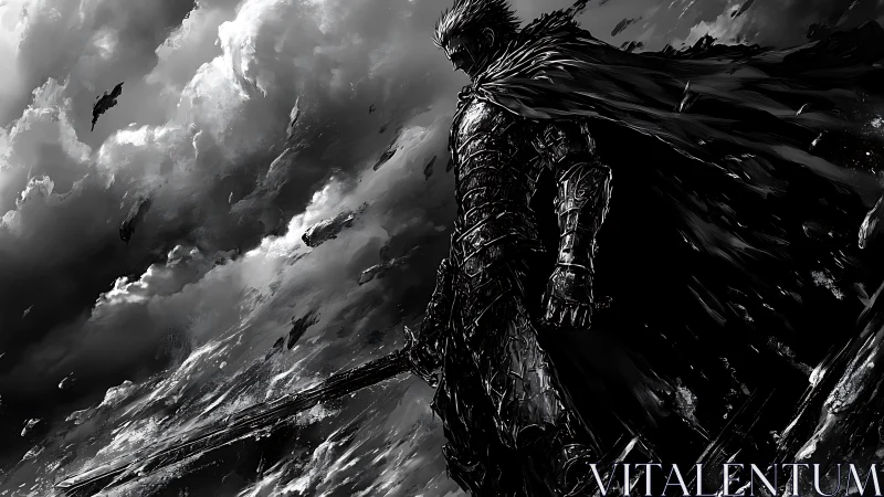 Dark armored warrior overlooking storm-torn battlefield.